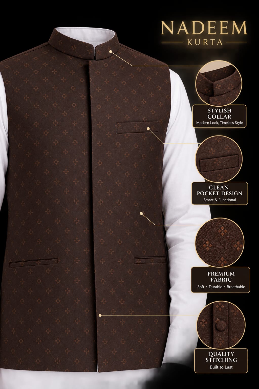 BOYS LEATHER BROWN JAMAWAR WAISTCOAT