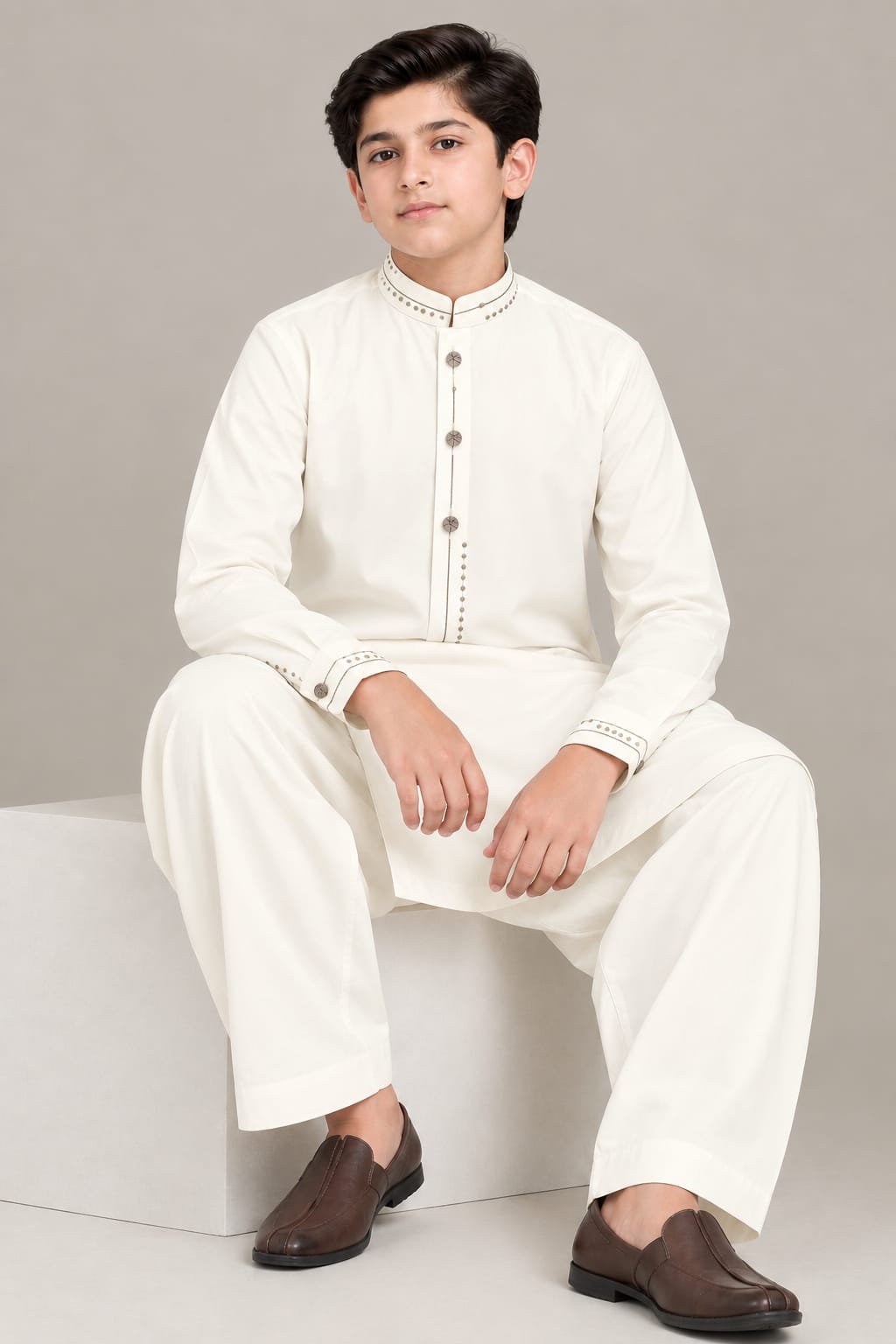 BOYS OFF-WHITE KURTA SHALWAR/PAJAMA