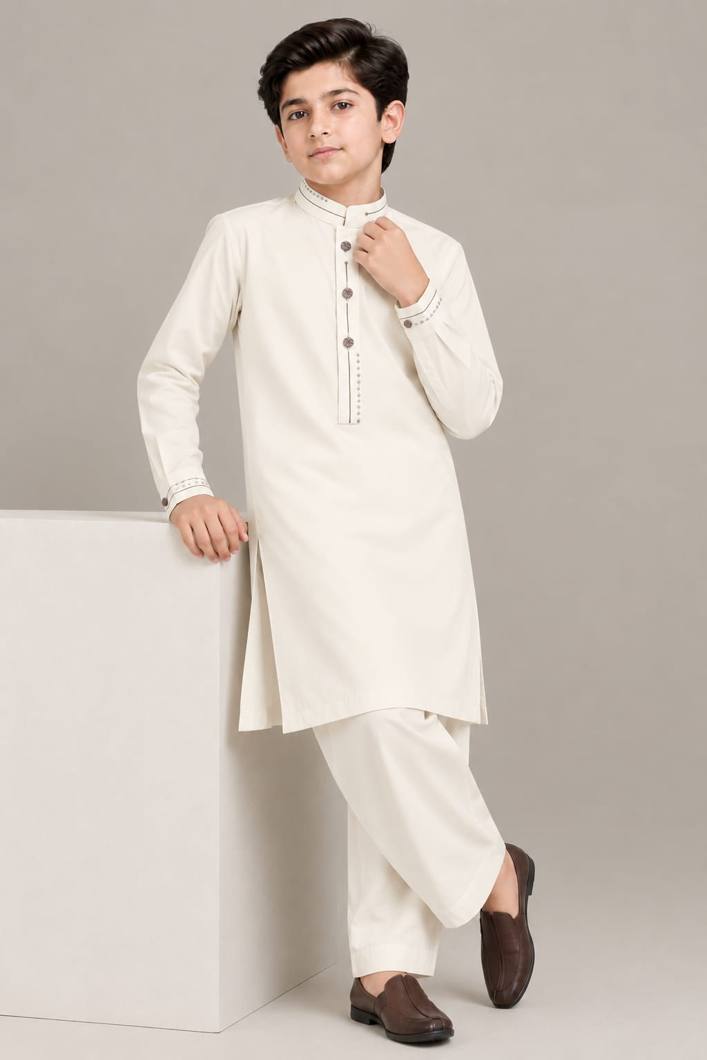 BOYS OFF-WHITE KURTA SHALWAR/PAJAMA