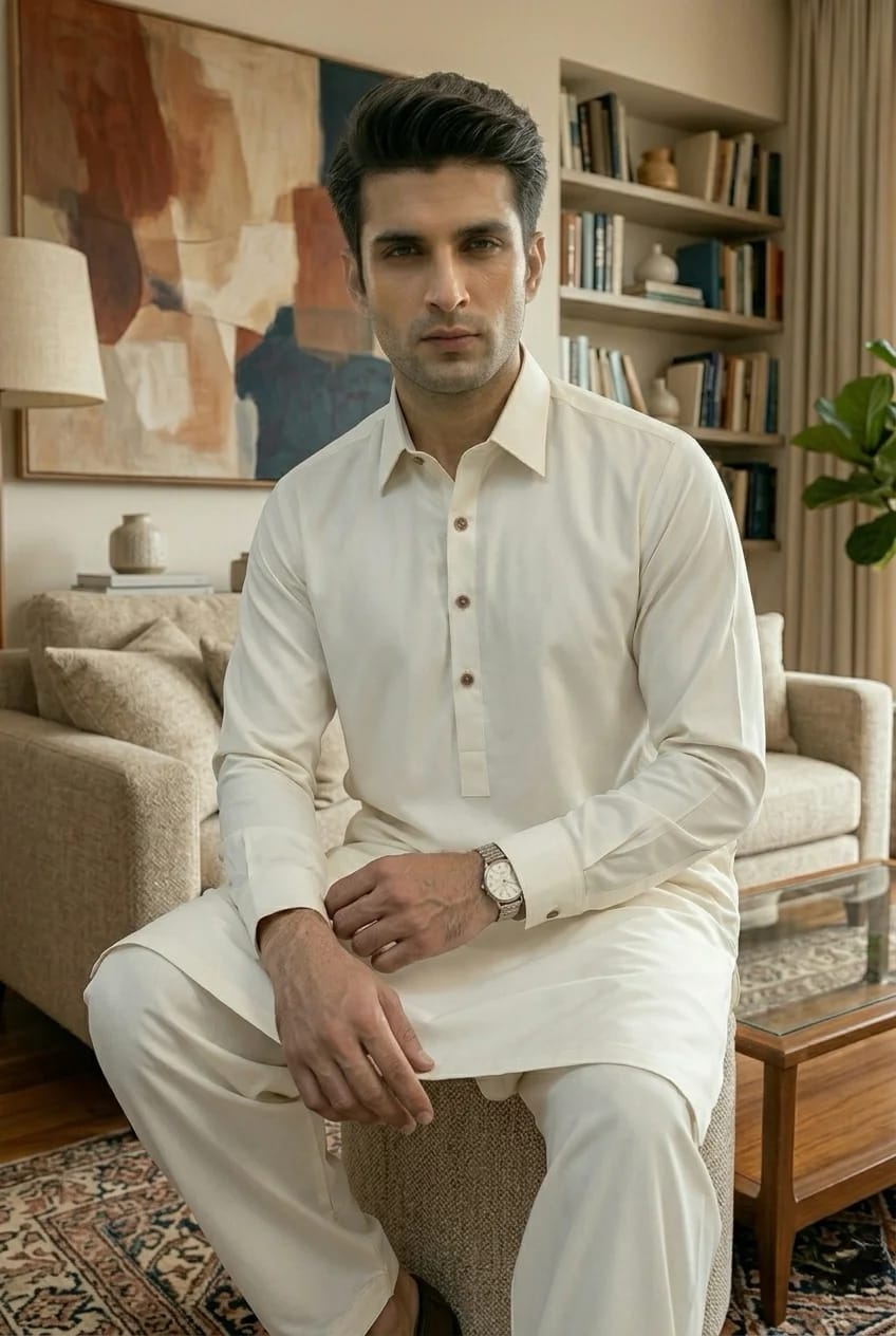 A-15 SHIRT COLOR OFF-WHITE SELF KAMEEZ SHALWAR