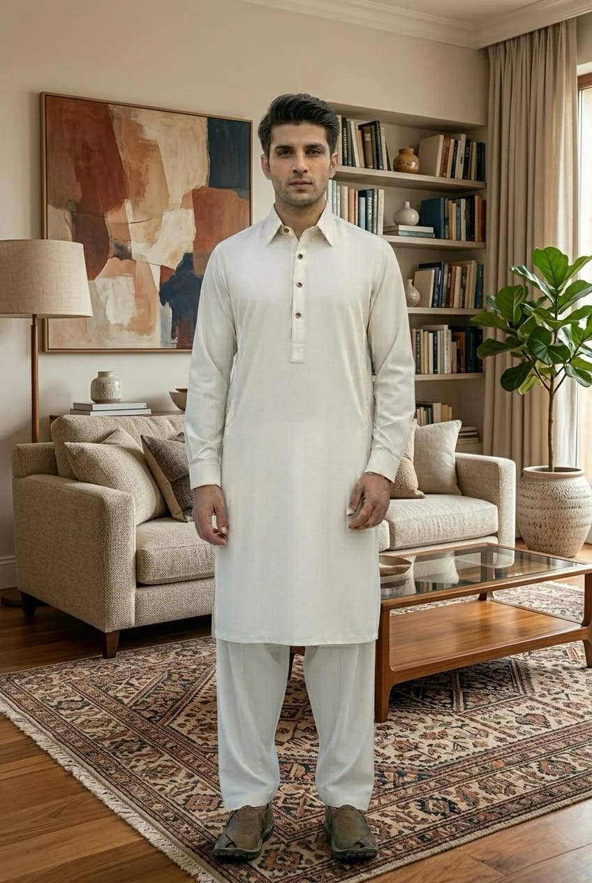 A-15 SHIRT COLOR OFF-WHITE SELF KAMEEZ SHALWAR