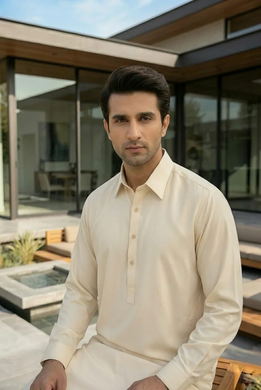 A-15 SHIRT COLLOR CREAM SELF KAMEEZ SHALWAR