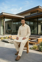 A-15 SHIRT COLLOR CREAM SELF KAMEEZ SHALWAR