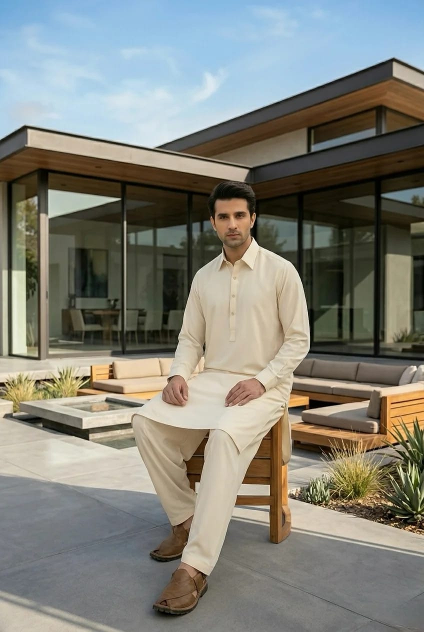 A-15 SHIRT COLLOR CREAM SELF KAMEEZ SHALWAR