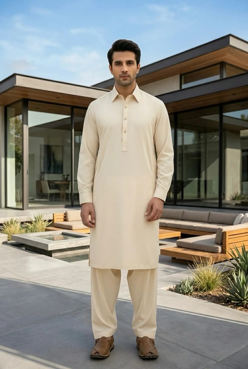 A-15 SHIRT COLLOR CREAM SELF KAMEEZ SHALWAR