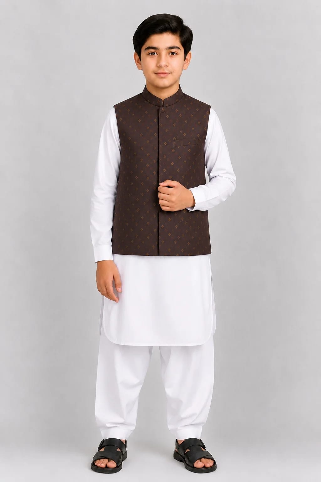 BOYS LEATHER BROWN JAMAWAR WAISTCOAT