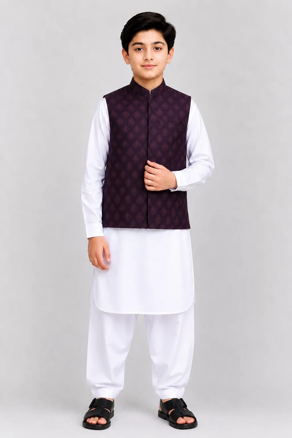 BOYS PLUM JAMAWAR WAISTCOAT