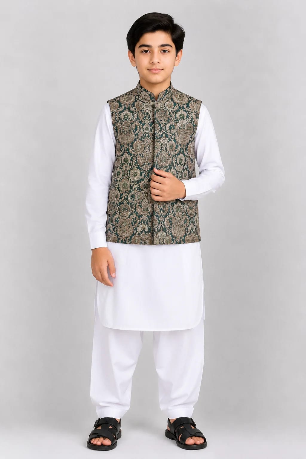 BOYS GREEN JAMAWAR WAISTCOAT