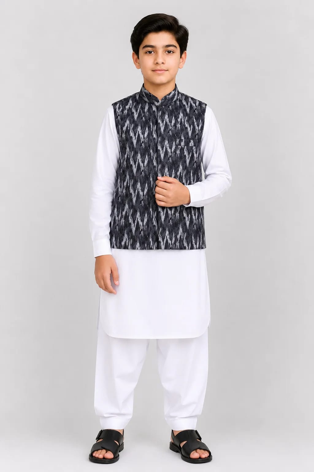 BOYS BLACKISH GRAY JAMAWAR WAISTCOAT