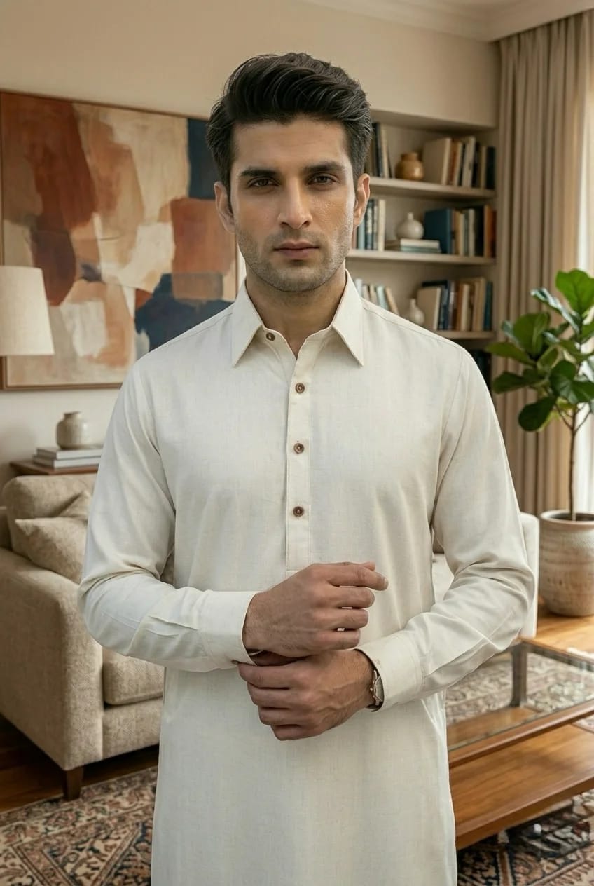 A-15 SHIRT COLOR OFF-WHITE SELF KAMEEZ SHALWAR
