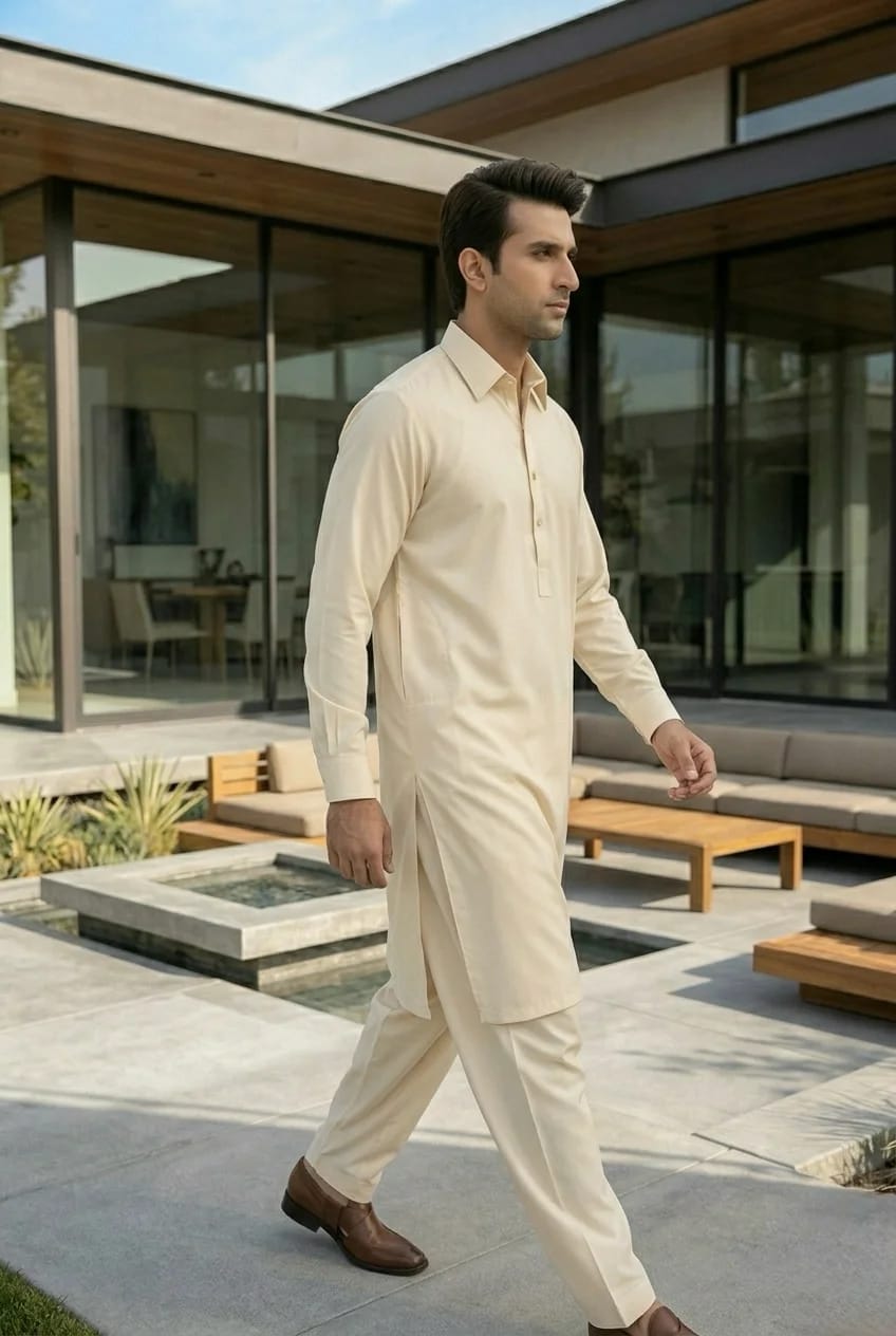 A-15 SHIRT COLLOR CREAM SELF KAMEEZ SHALWAR