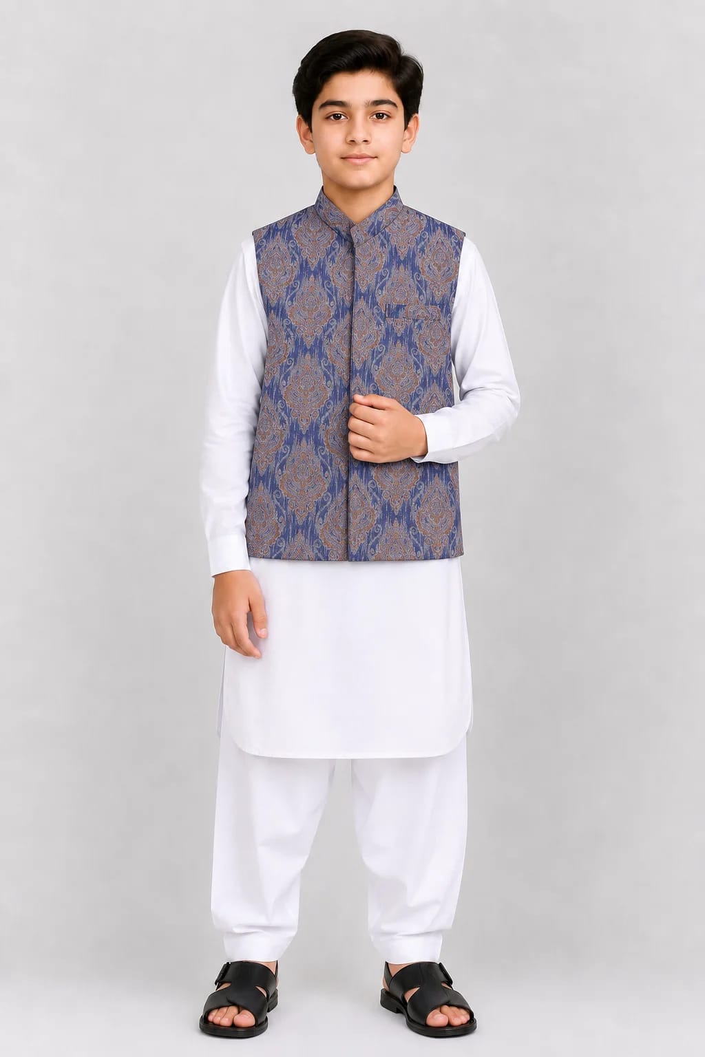 BOYS BLUE JAMAWAR WAISTCOAT