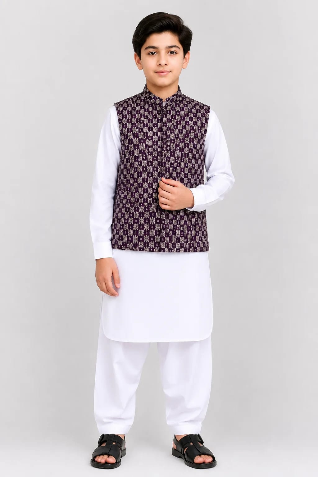 BOYS MEHROON JAMAWAR WAISTCOAT