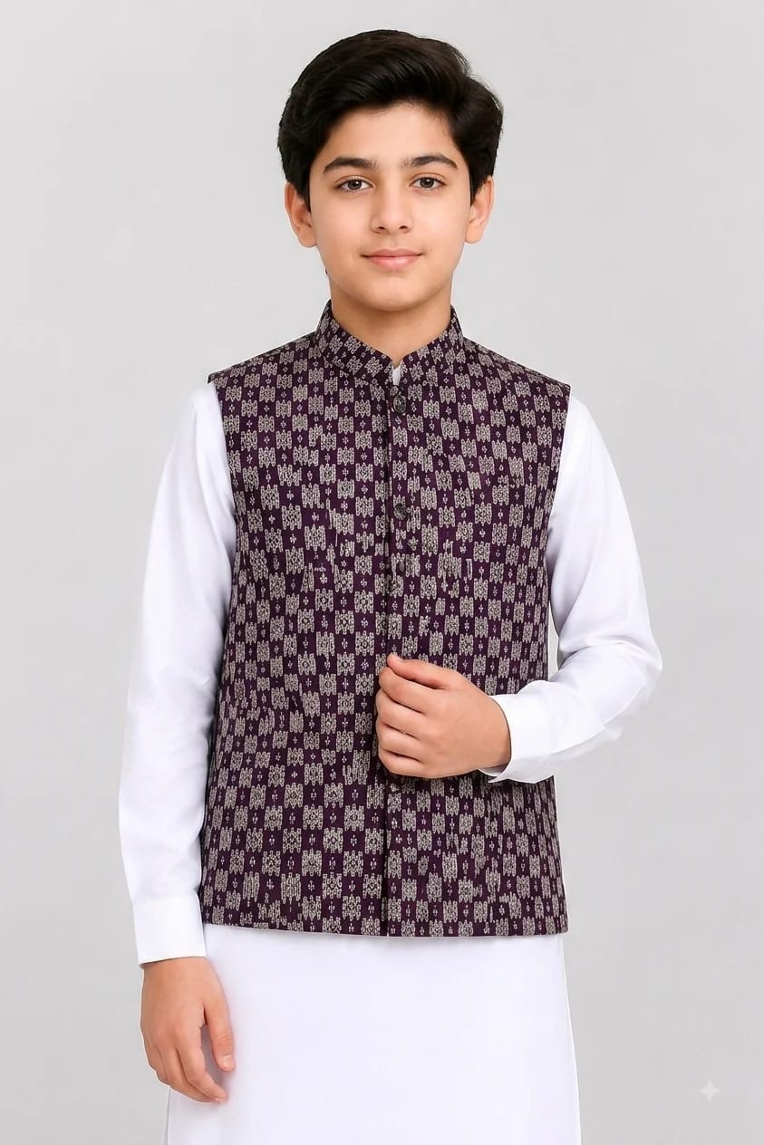 BOYS MEHROON JAMAWAR WAISTCOAT