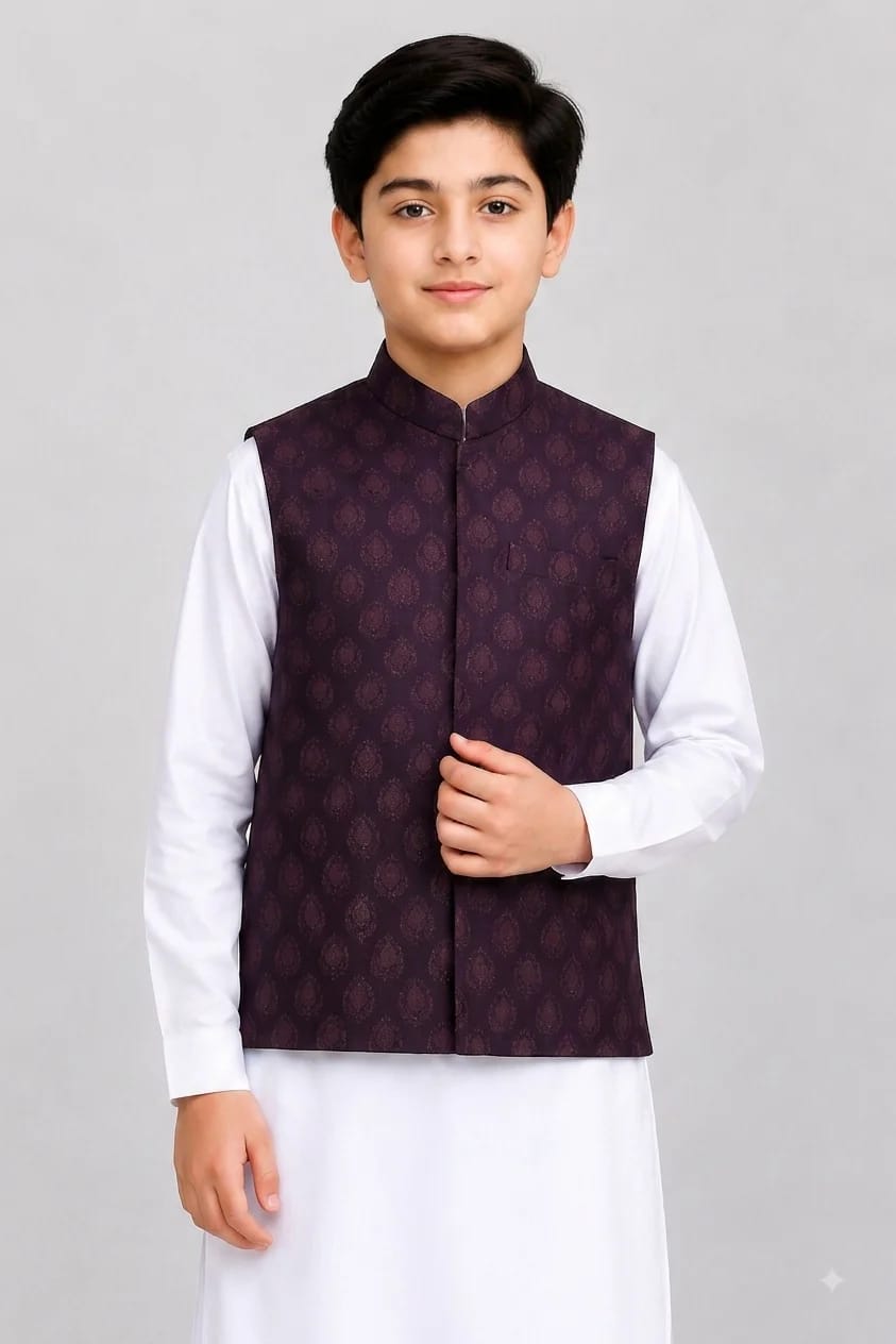 BOYS PLUM JAMAWAR WAISTCOAT