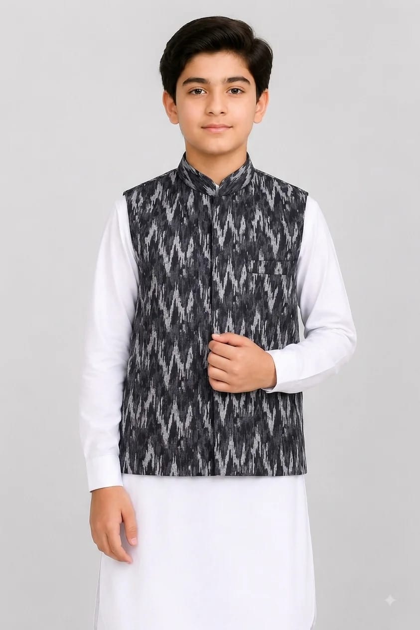 BOYS BLACKISH GRAY JAMAWAR WAISTCOAT