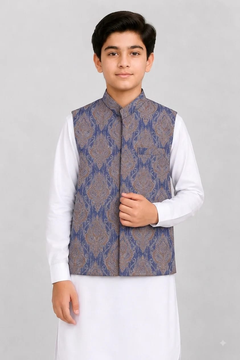 BOYS BLUE JAMAWAR WAISTCOAT