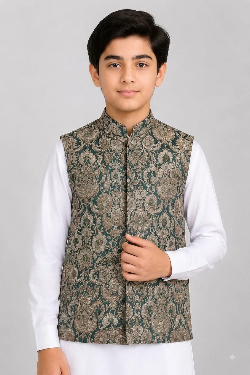 BOYS GREEN JAMAWAR WAISTCOAT