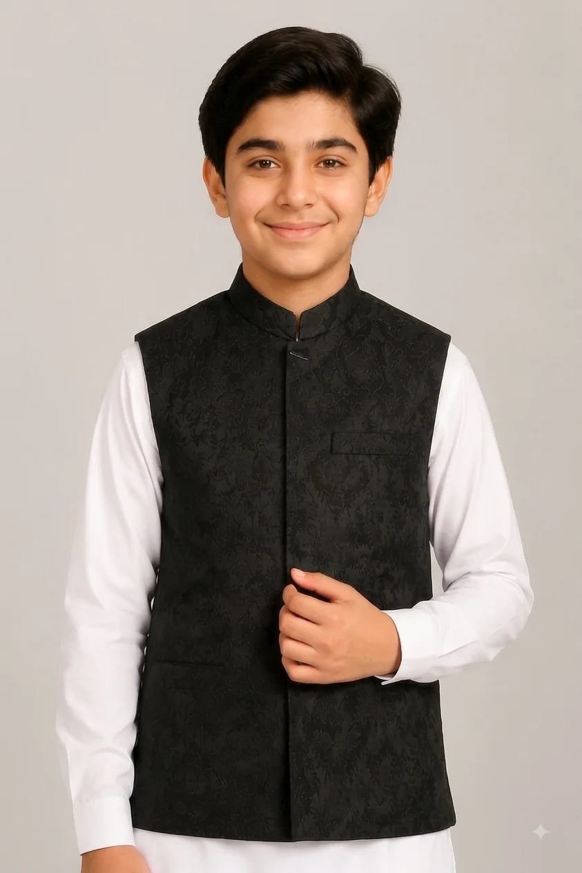 BOYS BLACK JAMAWAR WAISTCOAT