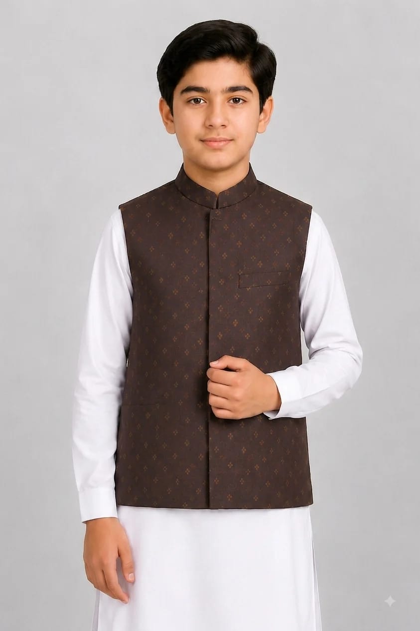 BOYS LEATHER BROWN JAMAWAR WAISTCOAT
