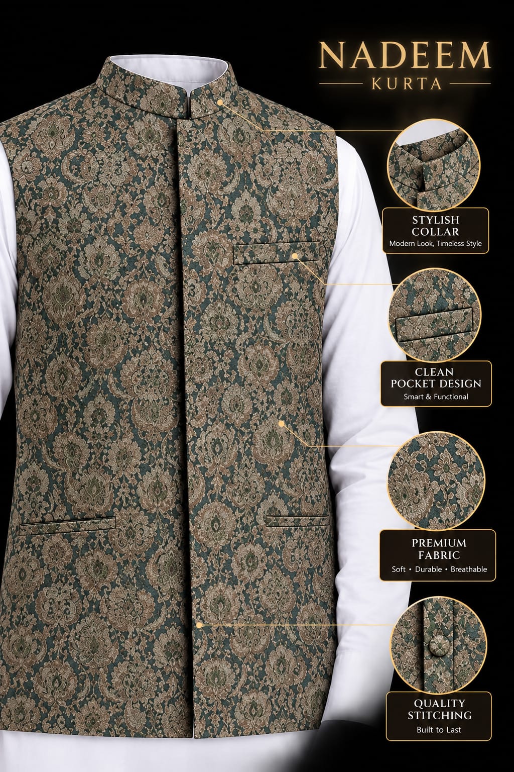 BOYS GREEN JAMAWAR WAISTCOAT