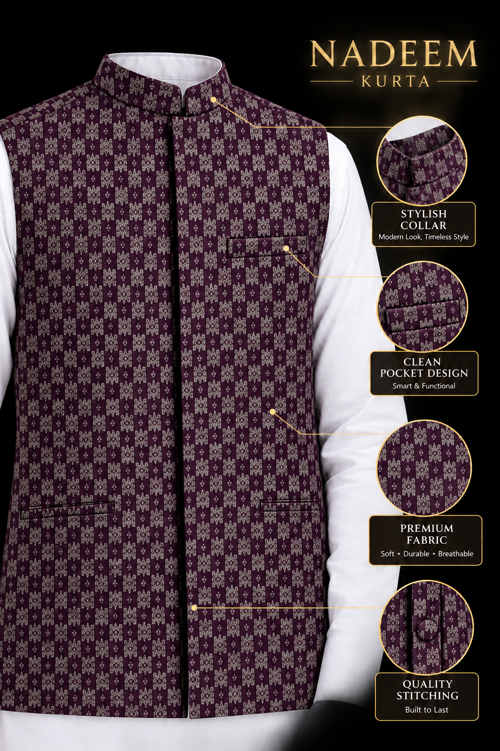 BOYS MEHROON JAMAWAR WAISTCOAT
