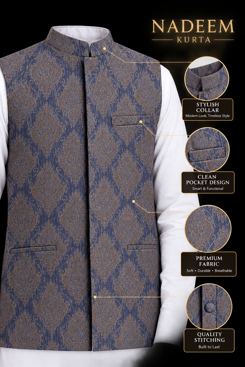 BOYS BLUE JAMAWAR WAISTCOAT